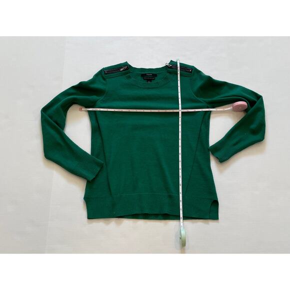 Tahari Dark Green Extrafine Merino Wool Crew Neck Sweater, Zipper Detail, S - Picture 9 of 11